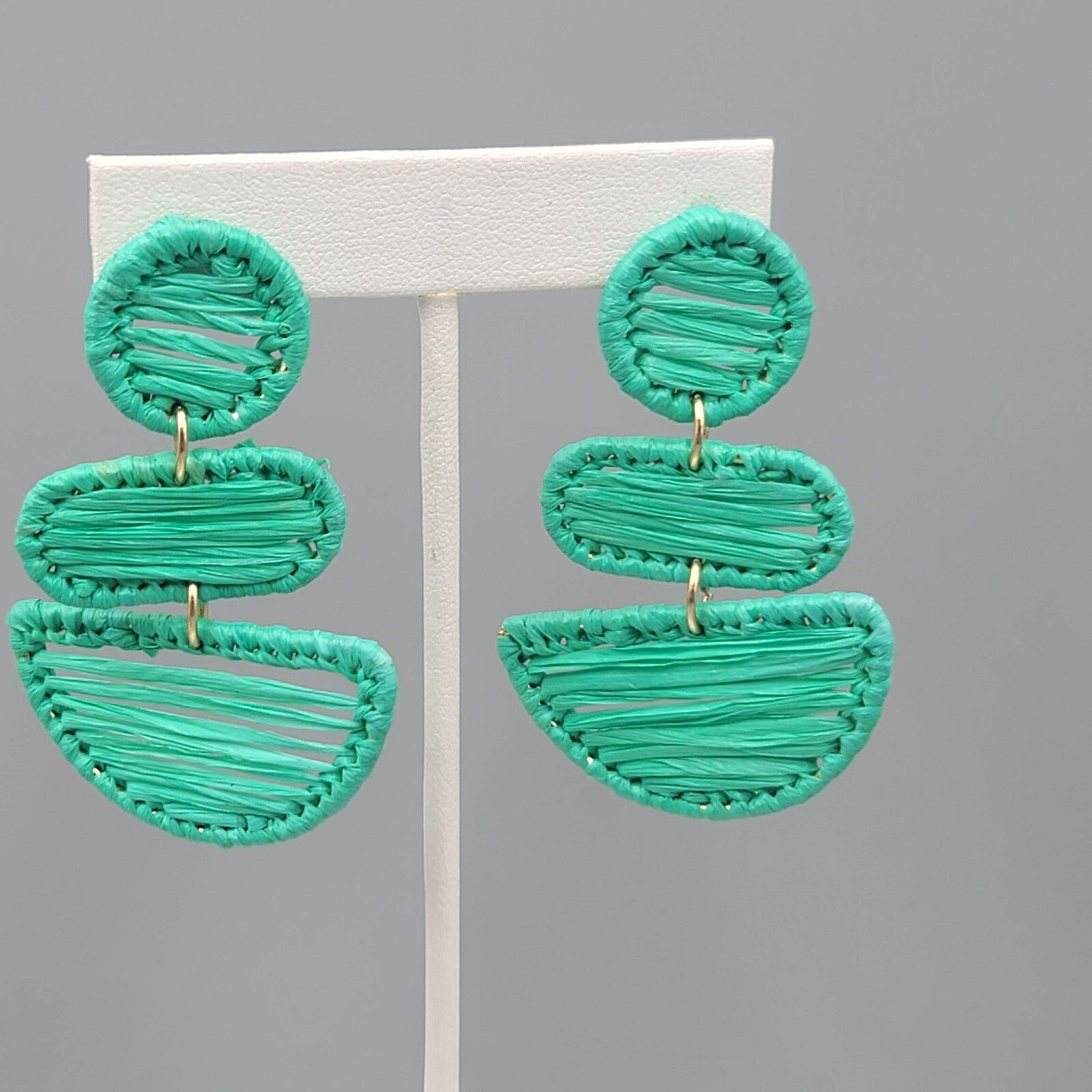 Green Rattan Pierced Earrings Statement Dangle 2.5"