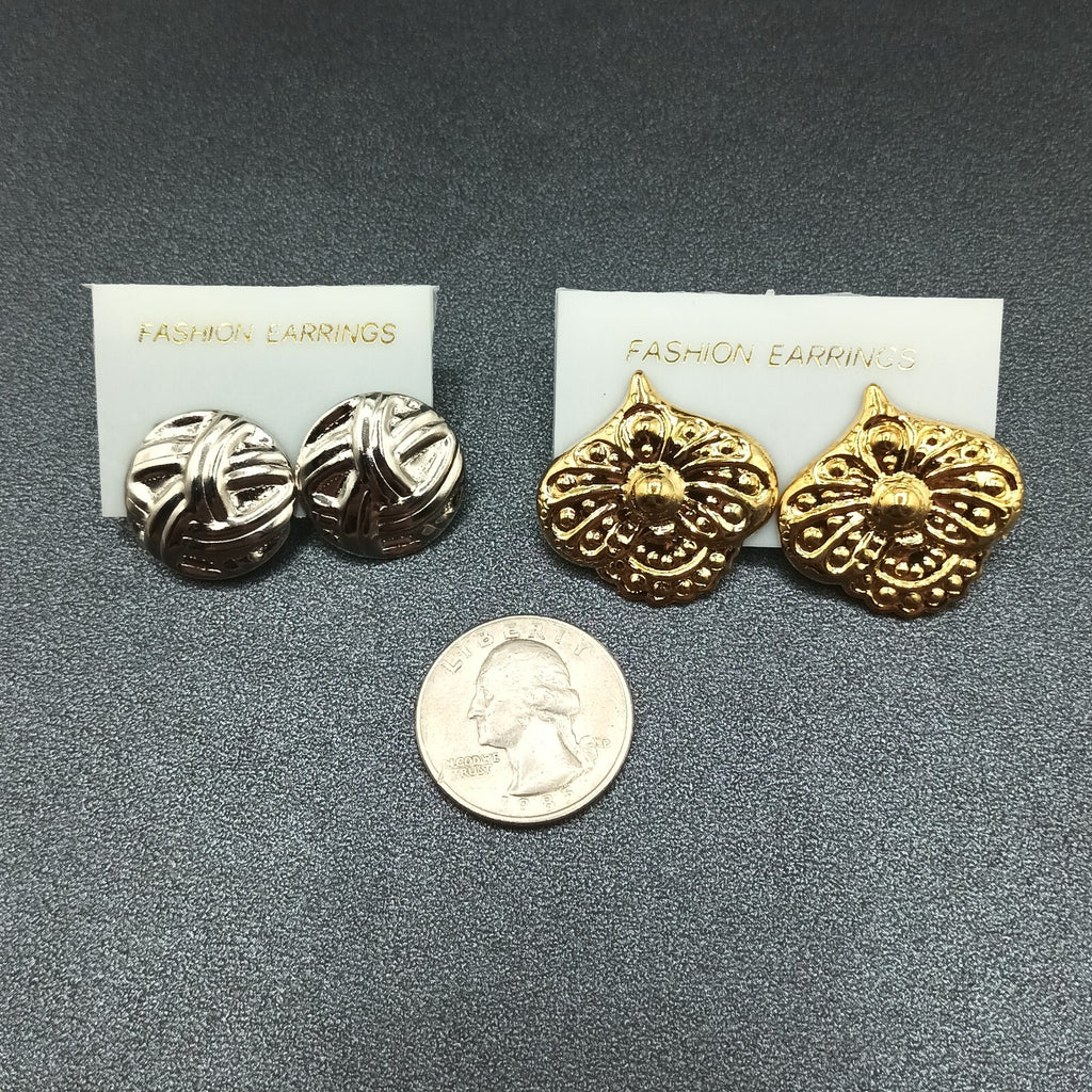 Lot of 2 Pairs Vintage Pierced Earrings Silver tone Gold tone 80s Embossed NOS