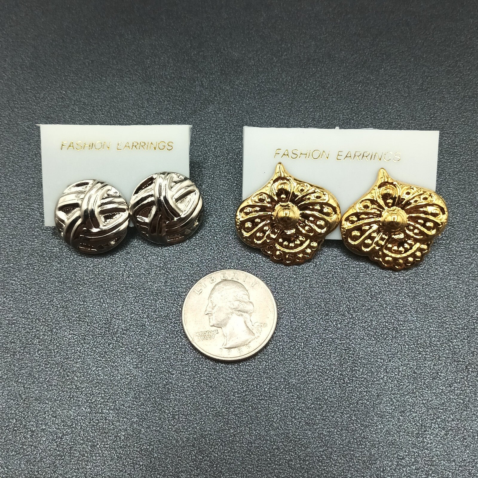 Lot of 2 Pairs Vintage Pierced Earrings Silver tone Gold tone 80s Embossed NOS