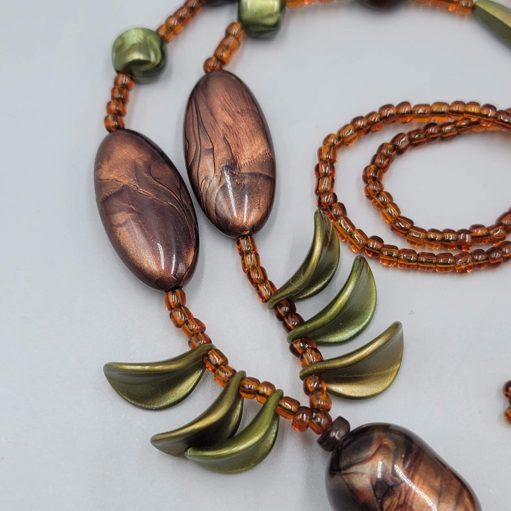 Tassel Bead Necklace Brown Green Resin and Glass Seed Beads 32"