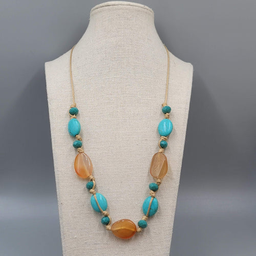 Cord Necklace Blue and Orange Semi-Precious Polished Gemstones 24"+