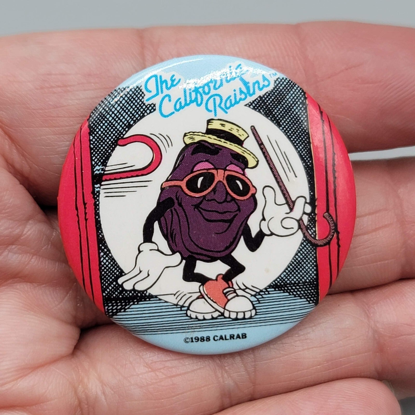 1988 CALRAB California Raisin Pinback Novelty Pin Button Badge