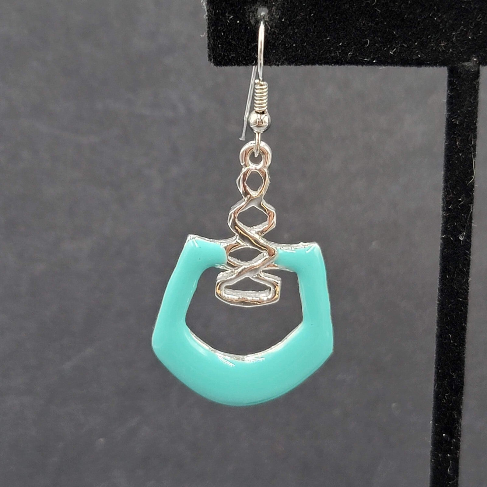 Pierced Earrings Silver Plated Blue Enamel Geometric Dangle 1.5"
