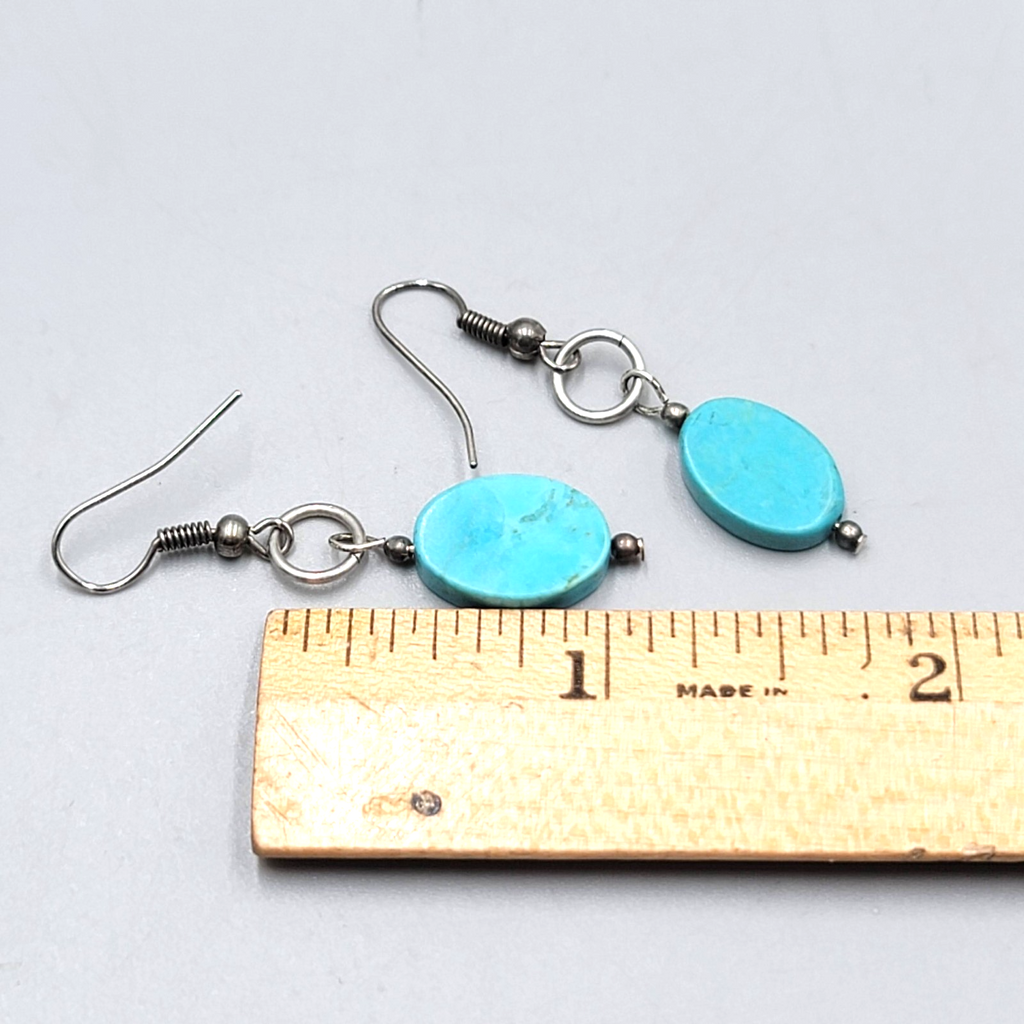 Oval Turquoise Bead Pierced Earrings Silver tone Dangle 1 1/8 in