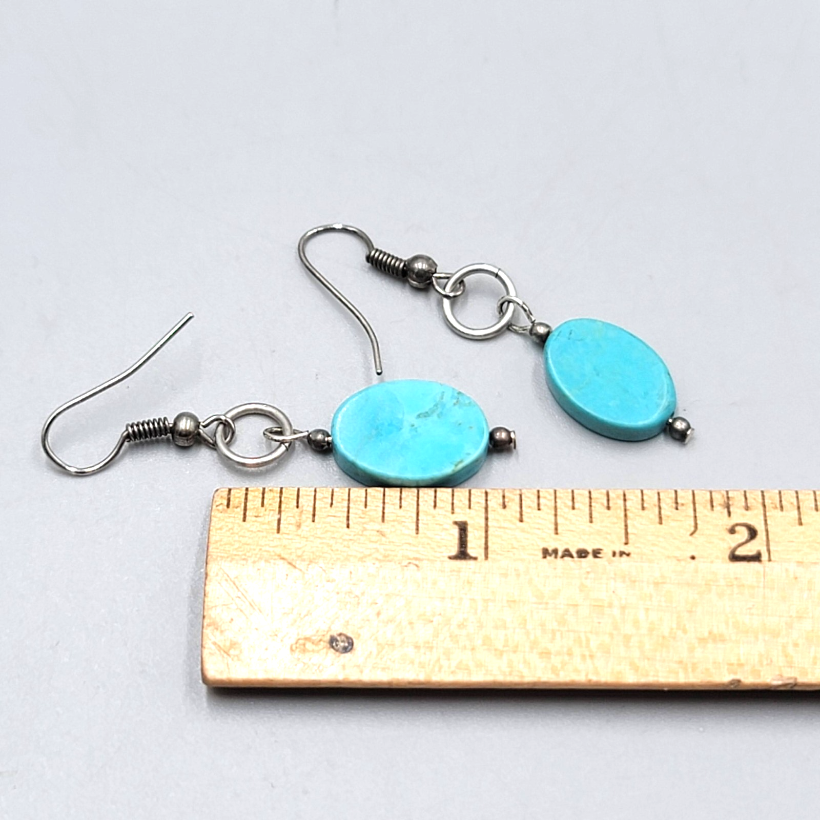 Oval Turquoise Bead Pierced Earrings Silver tone Dangle 1 1/8 in