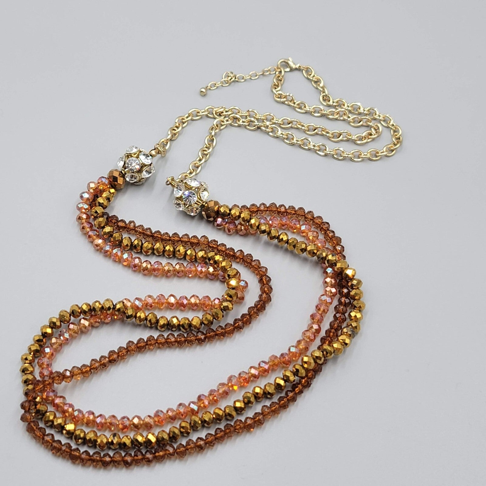 Long Crystal Bead Necklace Triple Strand Gold tone Chain 36"-38"