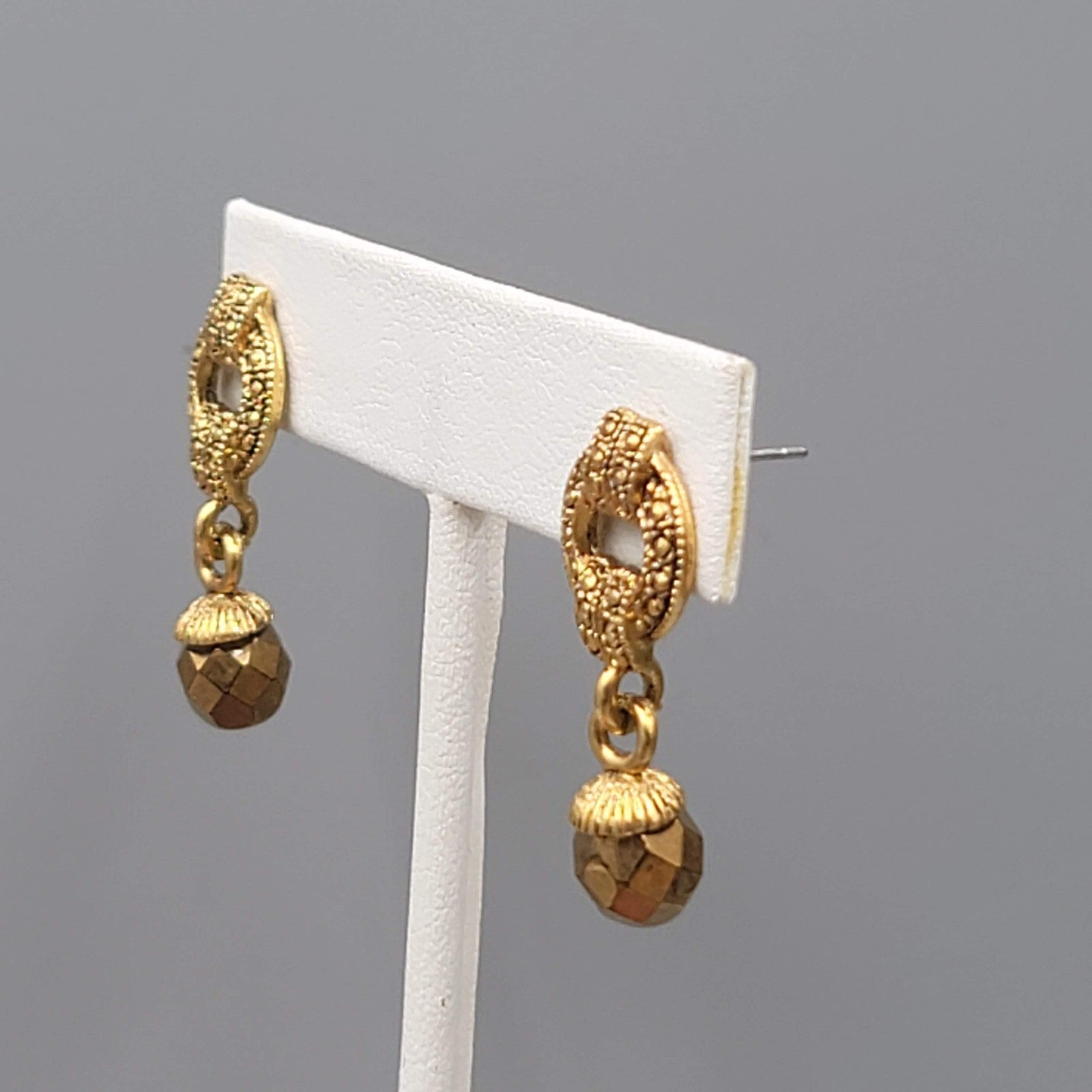 Pierced Earrings Gold tone Dangle Vintage Style Faceted Bead 1 1/8"