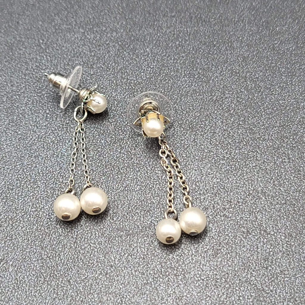 Vintage Pierced Earrings Silver tone White Bead Dangle Chains 1 3/8"