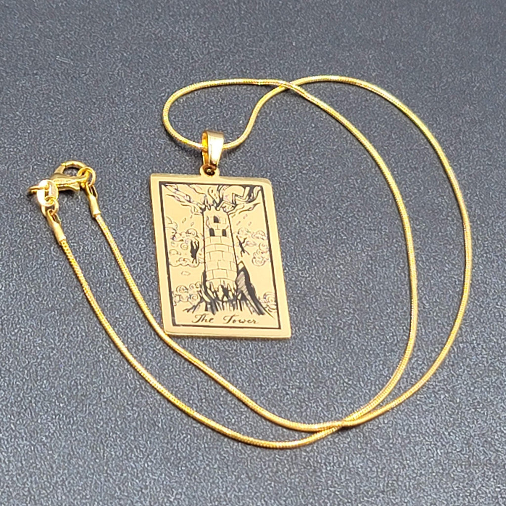 The TOWER Tarot Card Pendant Necklace Major Arcana Gold tone 18”.