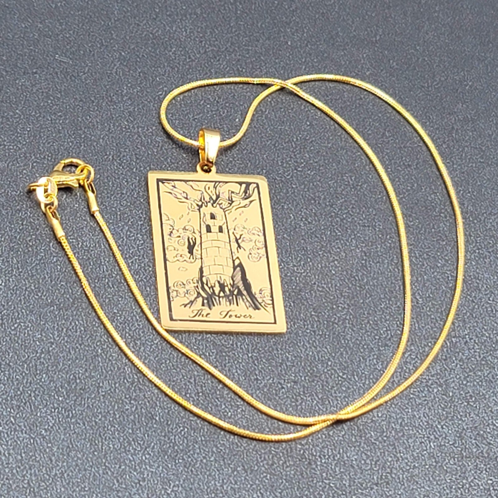 The TOWER Tarot Card Pendant Necklace Major Arcana Gold tone 18”.