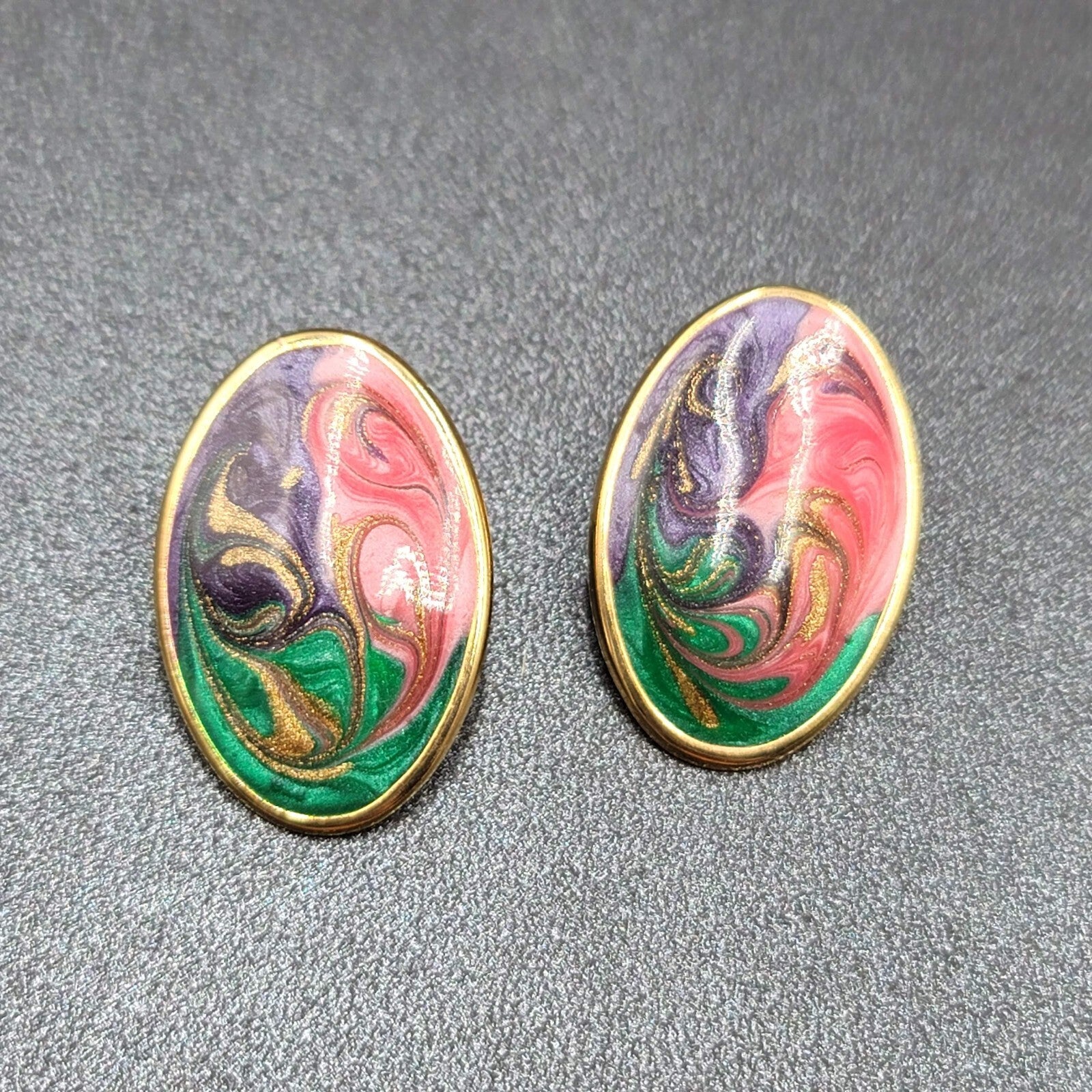 Vintage Pierced Earrings Green Purple Pink Swirl Enamel Oval Drop 1 1/8"