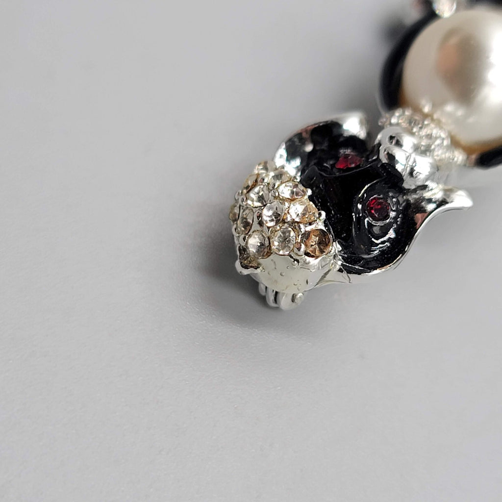 Vintage Poodle Dog Brooch Rhinestone Black White Silver tone 1.5"