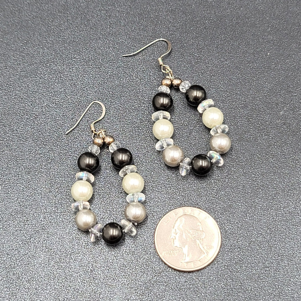 Pierced Earrings Black White Clear Beads Dangle Hoops Silver tone  1.75"