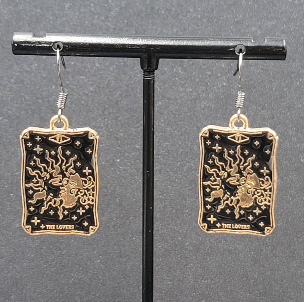 Tarot Card Pierced Earrings The LOVERS Sun and Moon Gold tone Black 1"