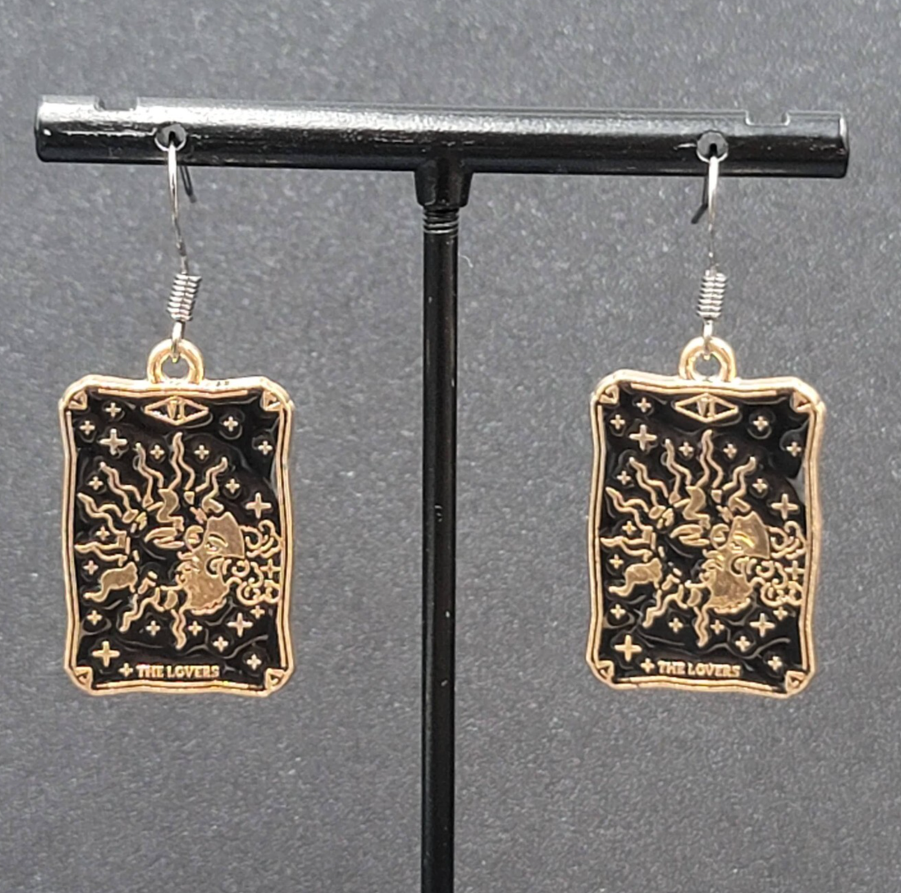 Tarot Card Pierced Earrings The LOVERS Sun and Moon Gold tone Black 1"