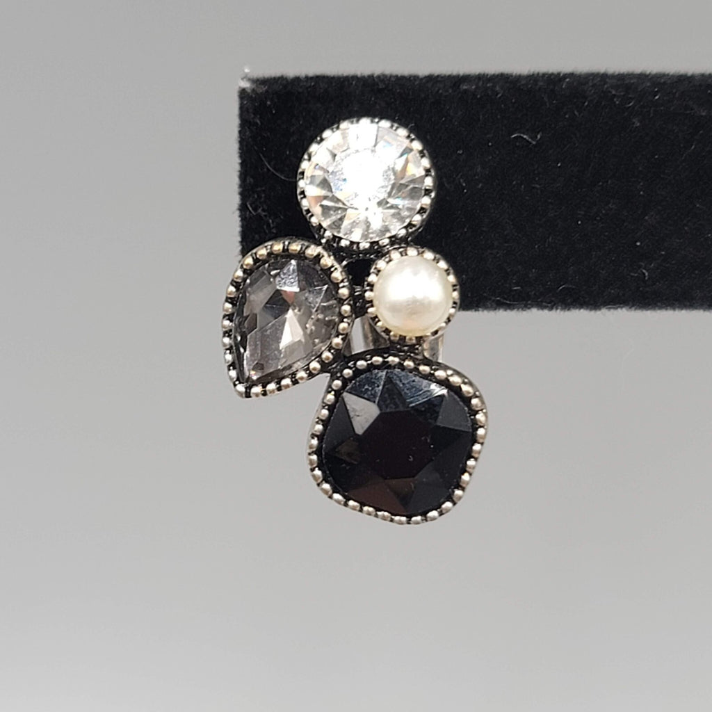 Modern  Clip on Earrings Gray Clear Crystal Dark Silver tone Drop 7/8"