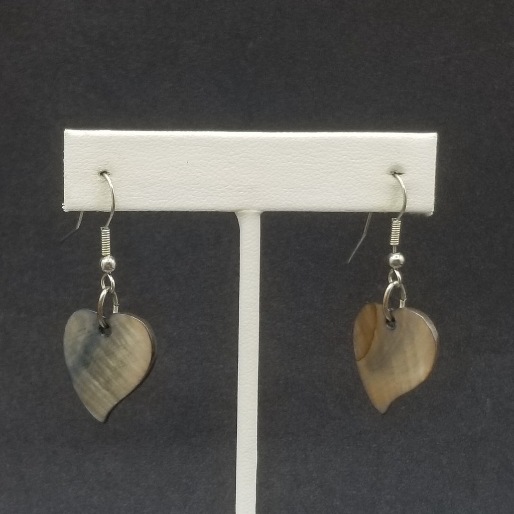 Pierced Earrings Silver tone Carved Shell Heart Statement Dangle 7/8"