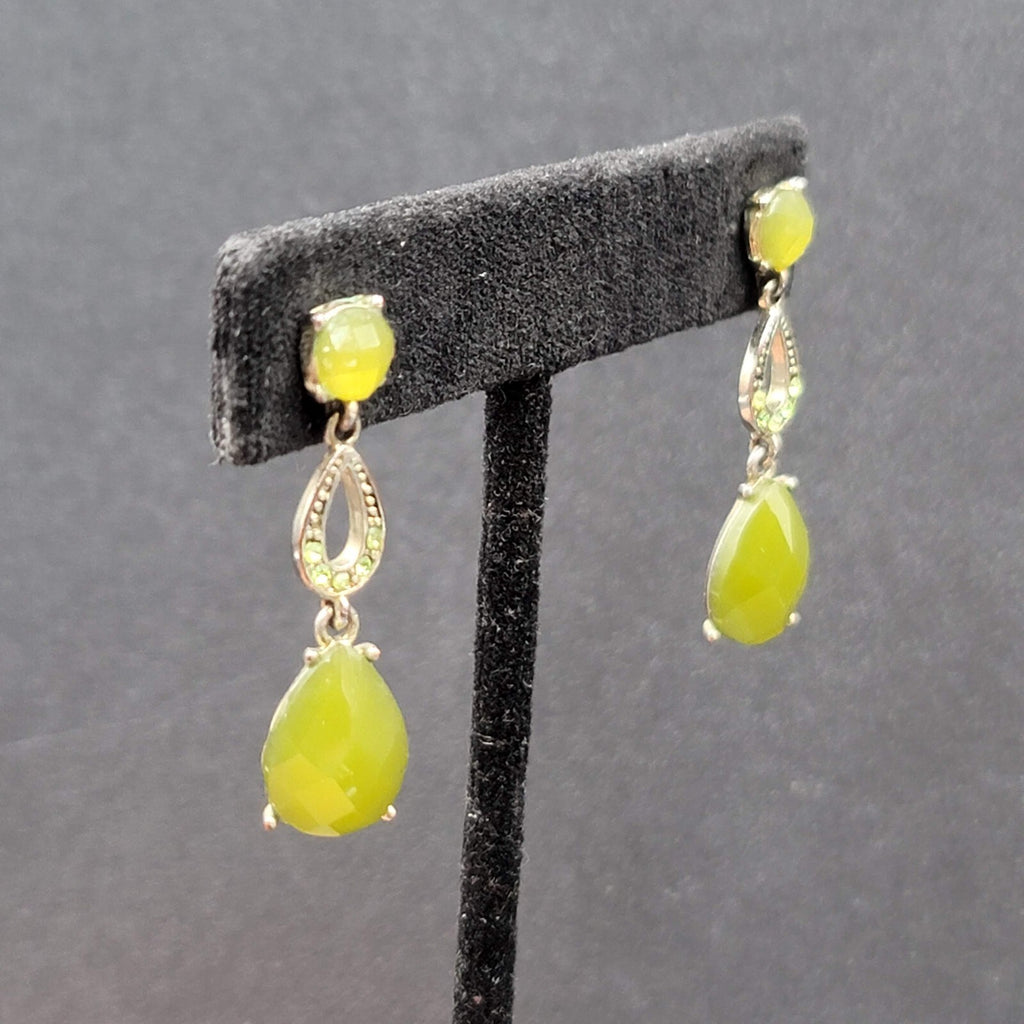 LC Pierced Earrings Silver tone Green Accents Rhinestone Dangle 1 3/8"