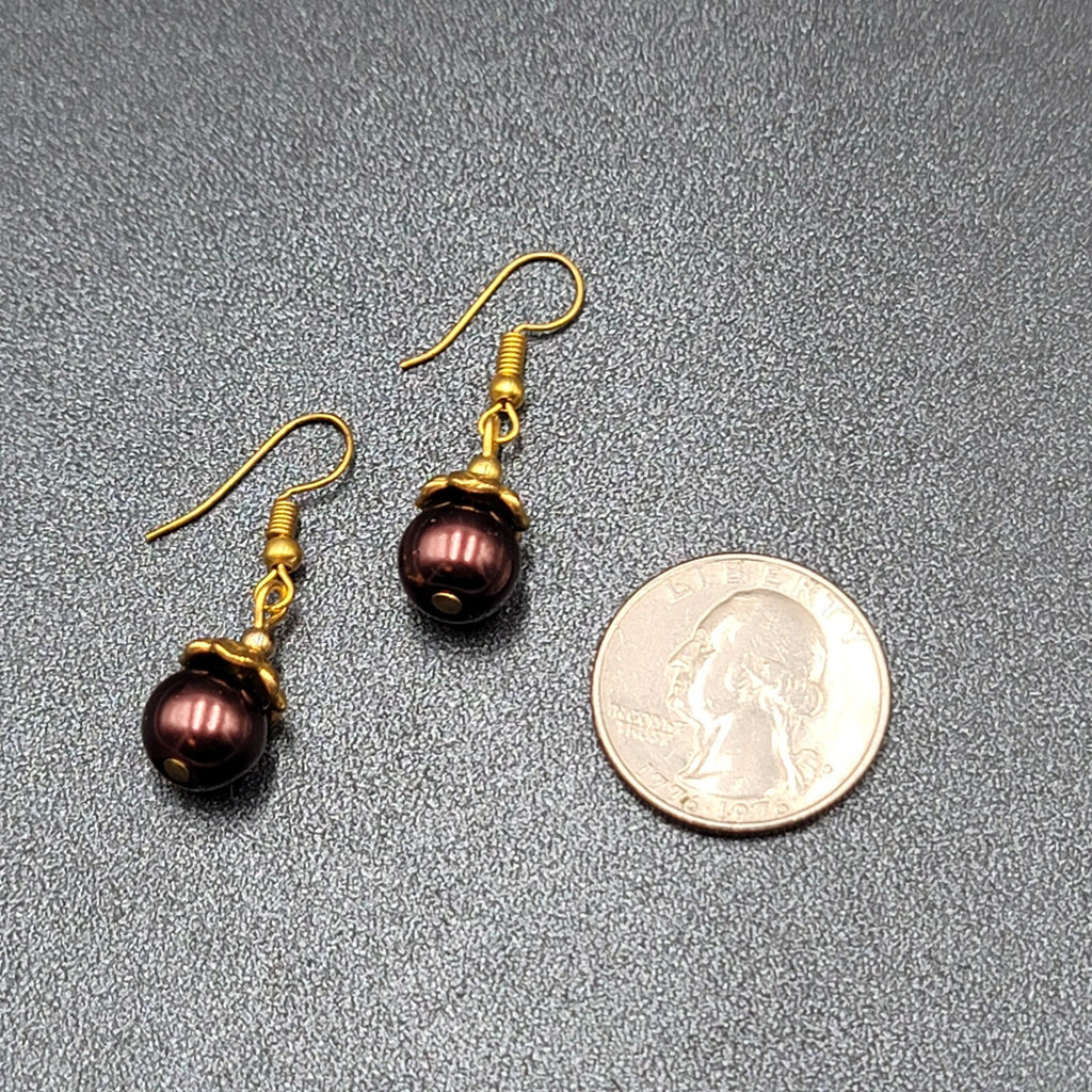 Pierced Earrings Gold tone Bronze Bead Capped Bead Dangle 3/4"