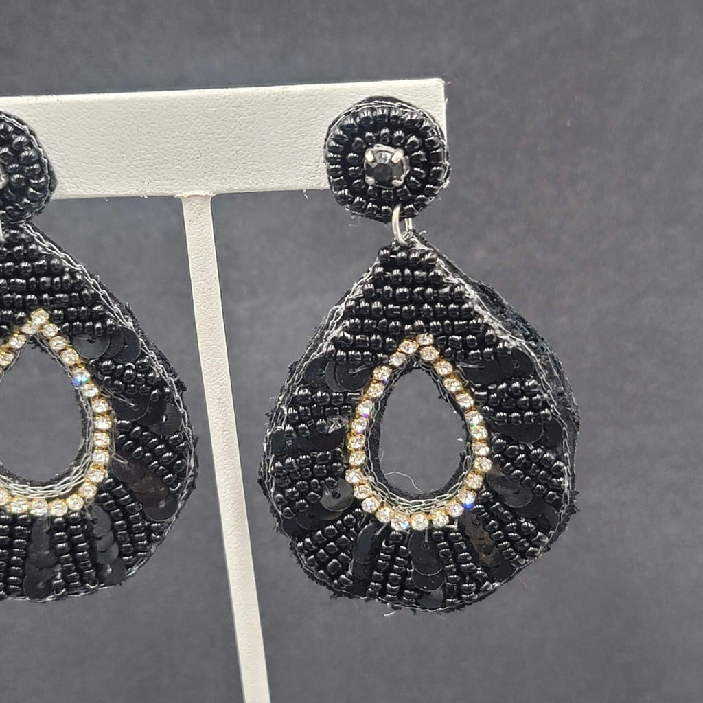 Pierced Earrings Black Felt Seed Beaded Rhinestone Runway Dangle 3"