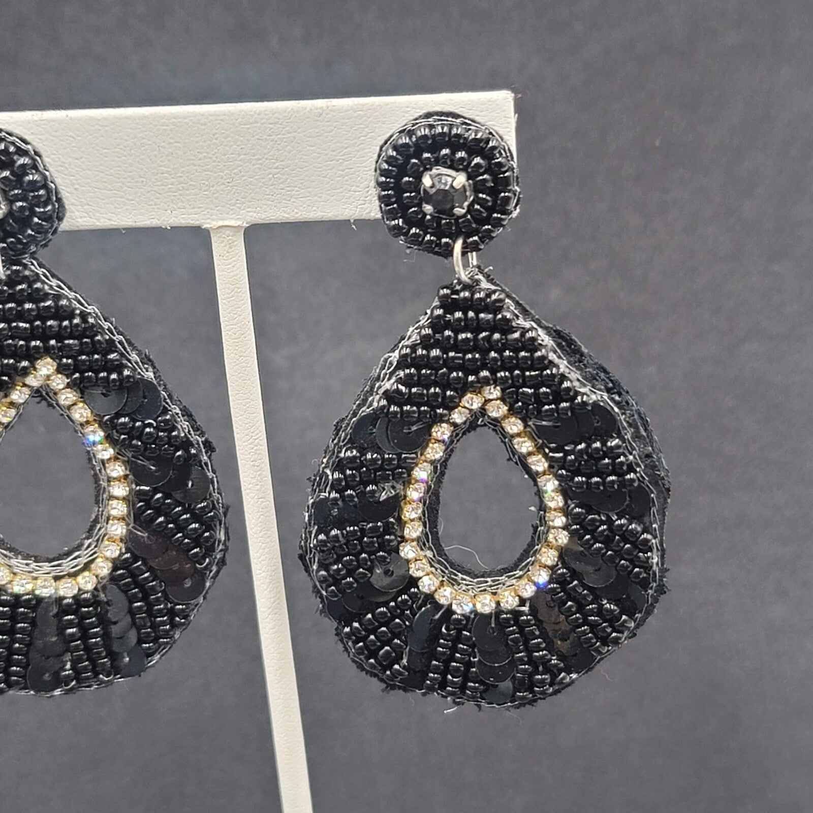 Pierced Earrings Black Felt Seed Beaded Rhinestone Runway Dangle 3"