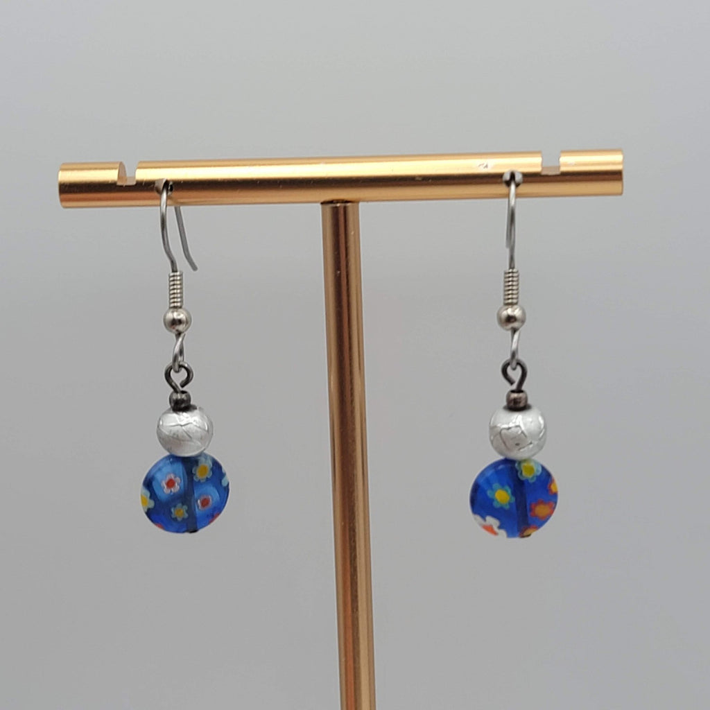 Blue Millifiori Bead Pierced Earrings Silver tone Dangle 3/4 in