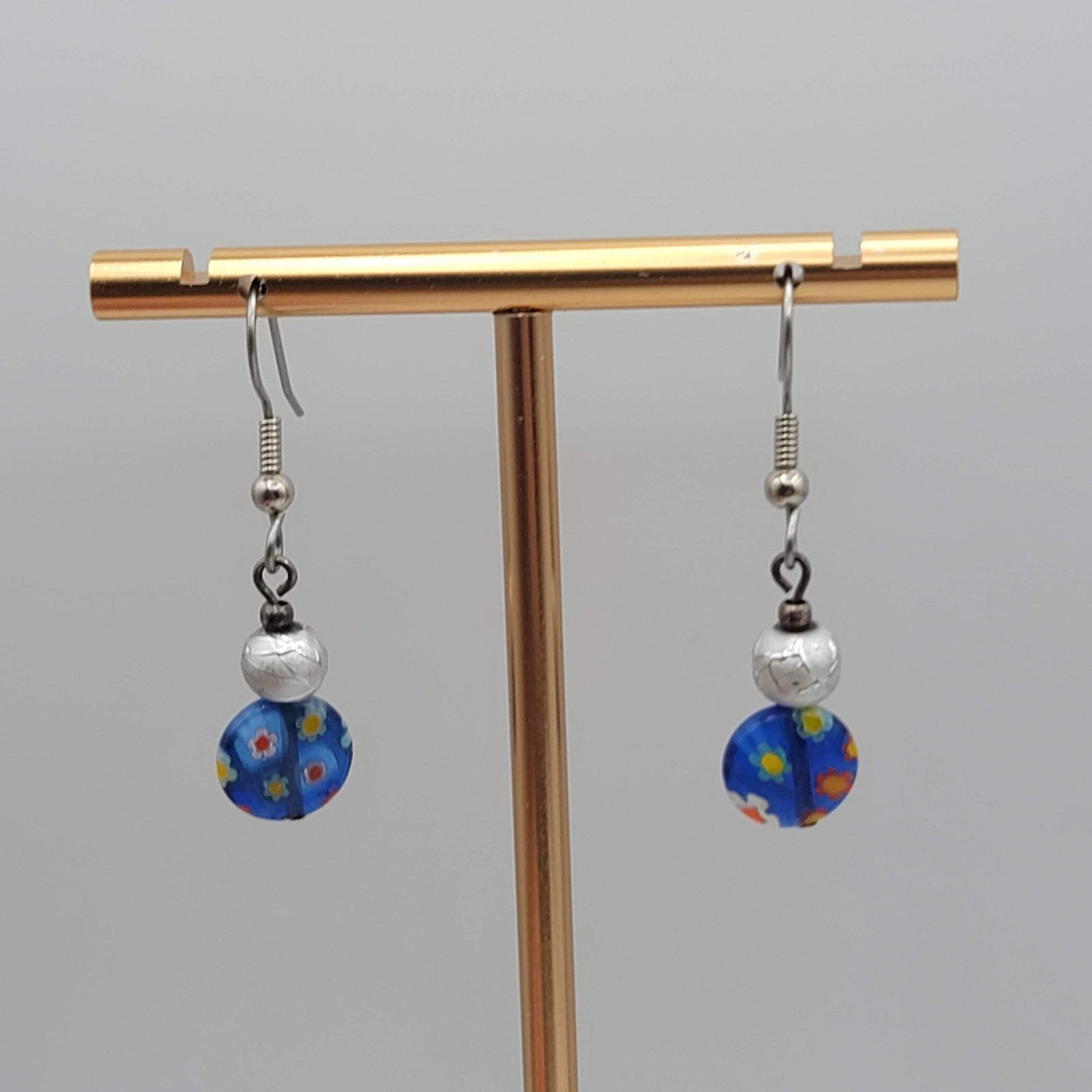 Blue Millifiori Bead Pierced Earrings Silver tone Dangle 3/4 in