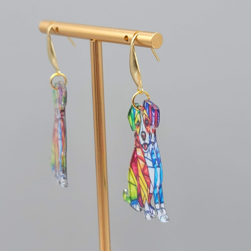 Mosiac Dog Pierced Earrings Multicolor Acrylic Dangle Gold tone Hook 1.5"