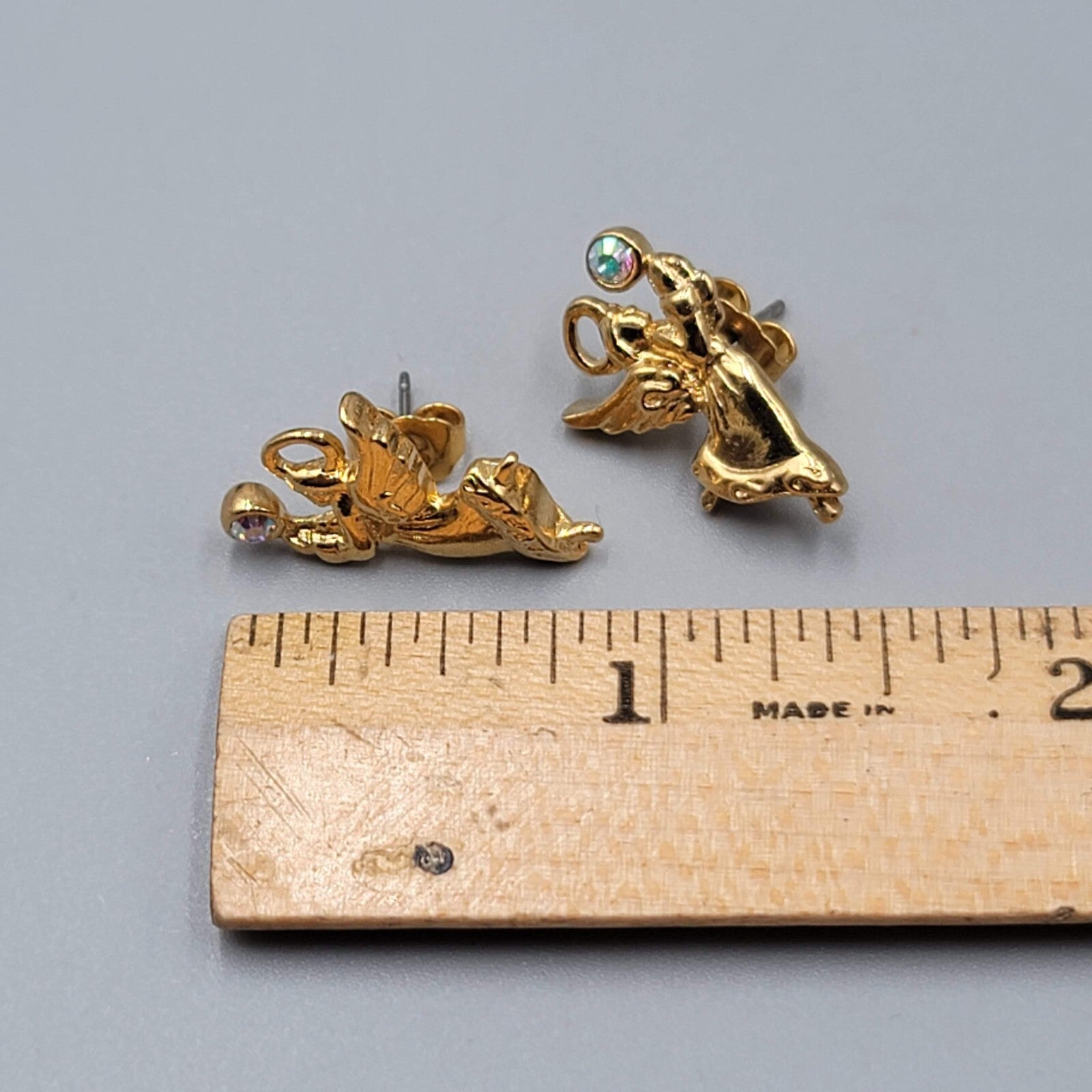 Vintage Christmas Angel Pierced Earrings Gold Plated Dangle 7/8"