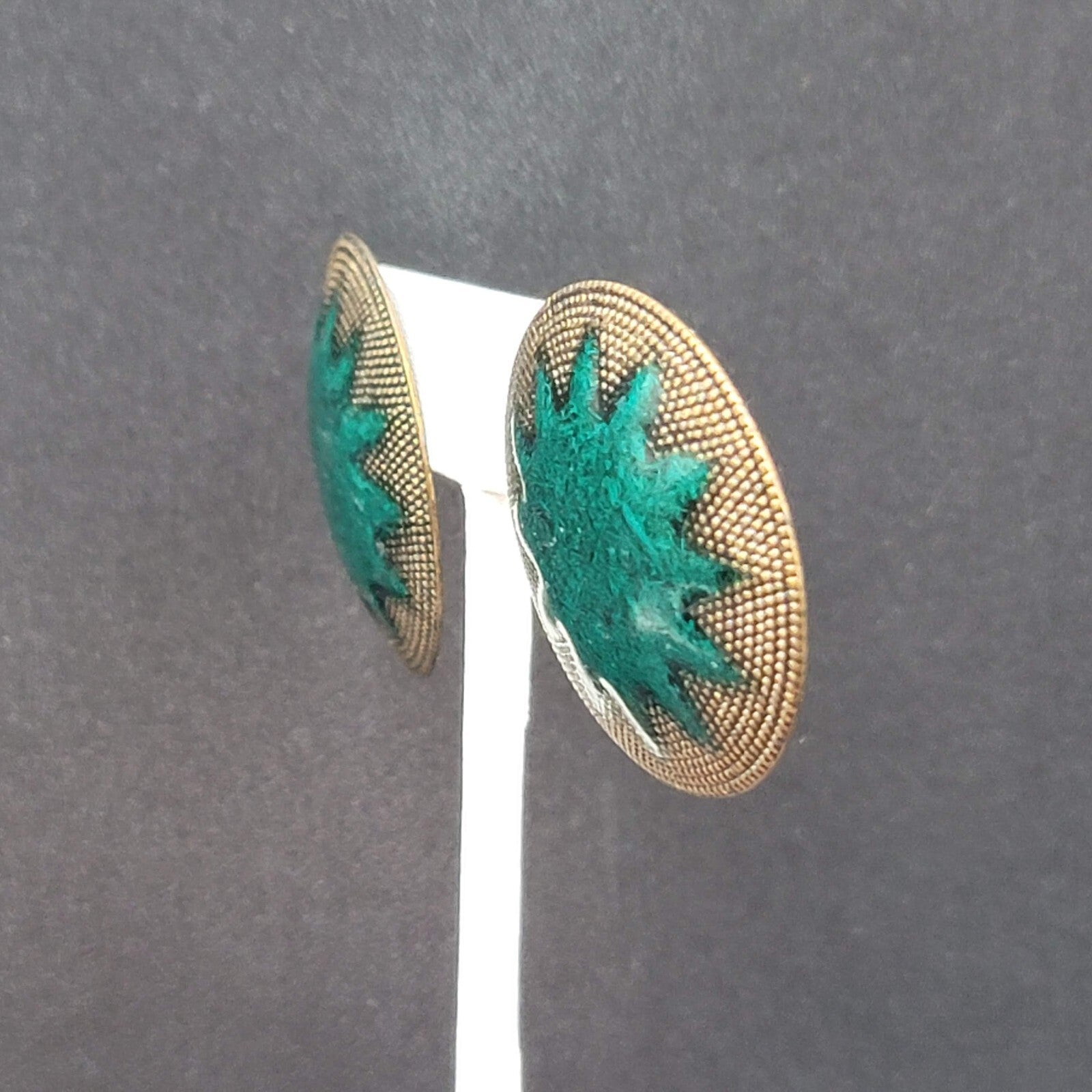 Vintage Pierced Earrings Large Gold tone Green Enamel Statement Round 1 3/8"