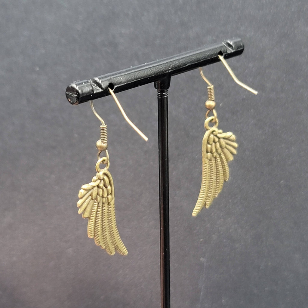 Feather Wings Pierced Earrings Bronze tone Metal Embossed Dangle 1 1/8"