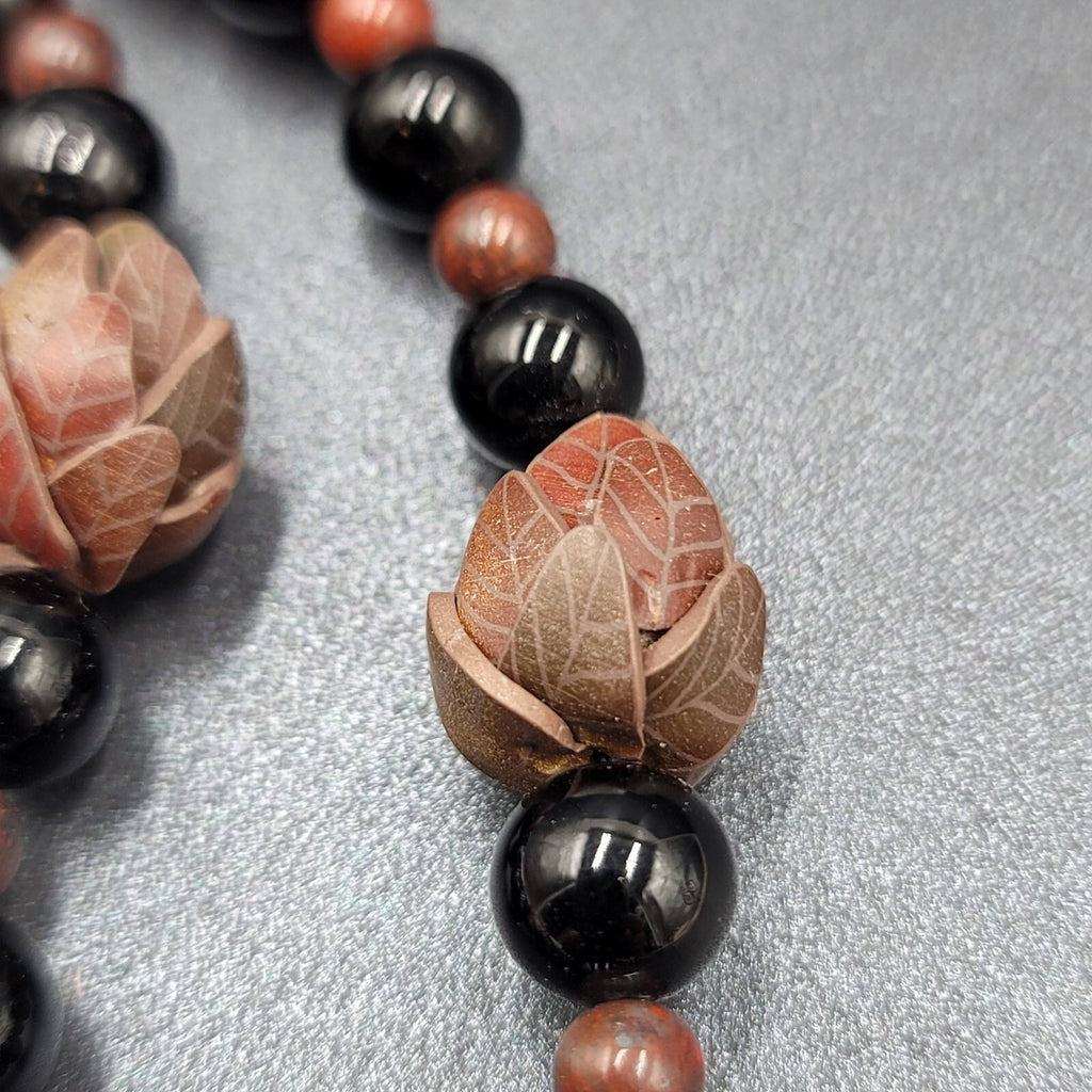 Brown Stone Pendant Necklace Black Glass Beads Toggle 18" Hand Carved Beads