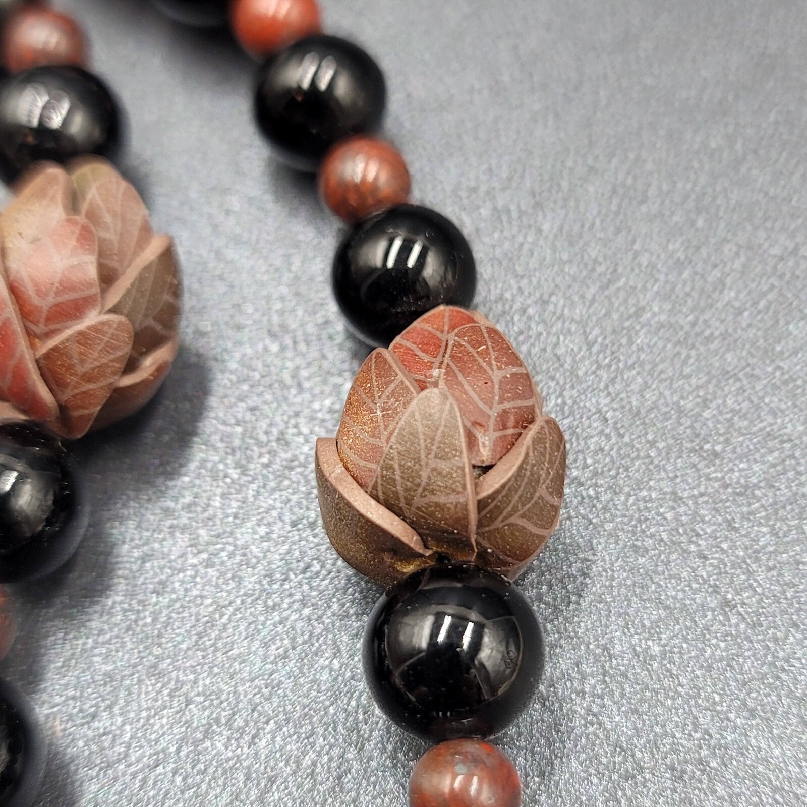 Brown Stone Pendant Necklace Black Glass Beads Toggle 18" Hand Carved Beads