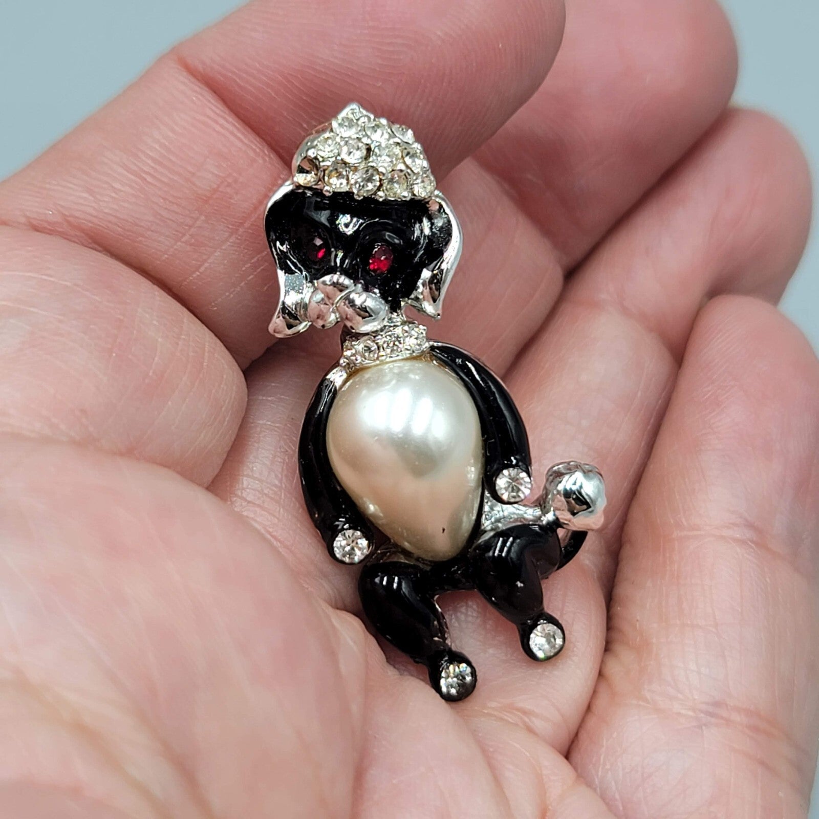 Vintage Poodle Dog Brooch Rhinestone Black White Silver tone 1.5"