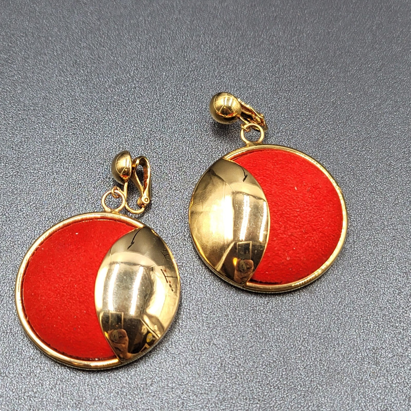 Vintage Clip on Earrings Large Statement Red Felt Gold tone  2.5"