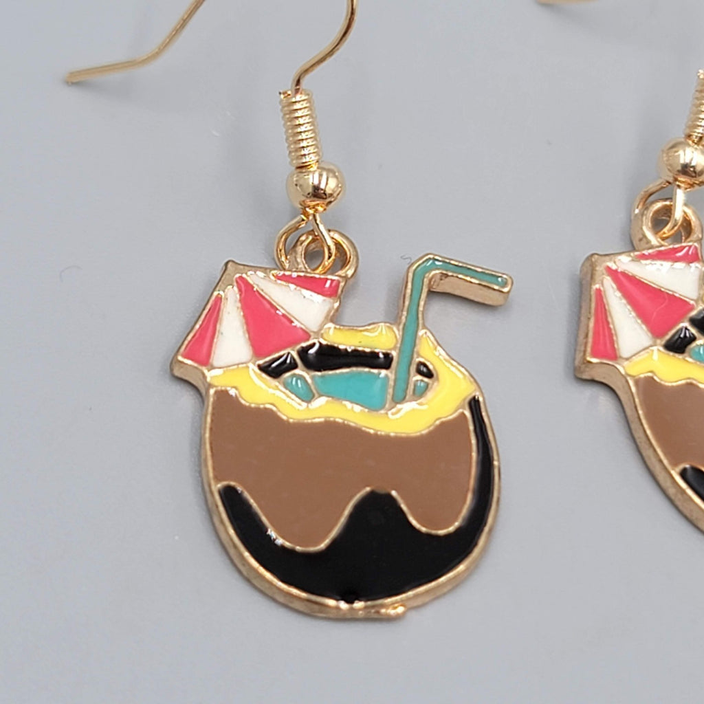 Coconut Cocktail Enamel Pierced Earrings Gold tone Dangle 7/8"