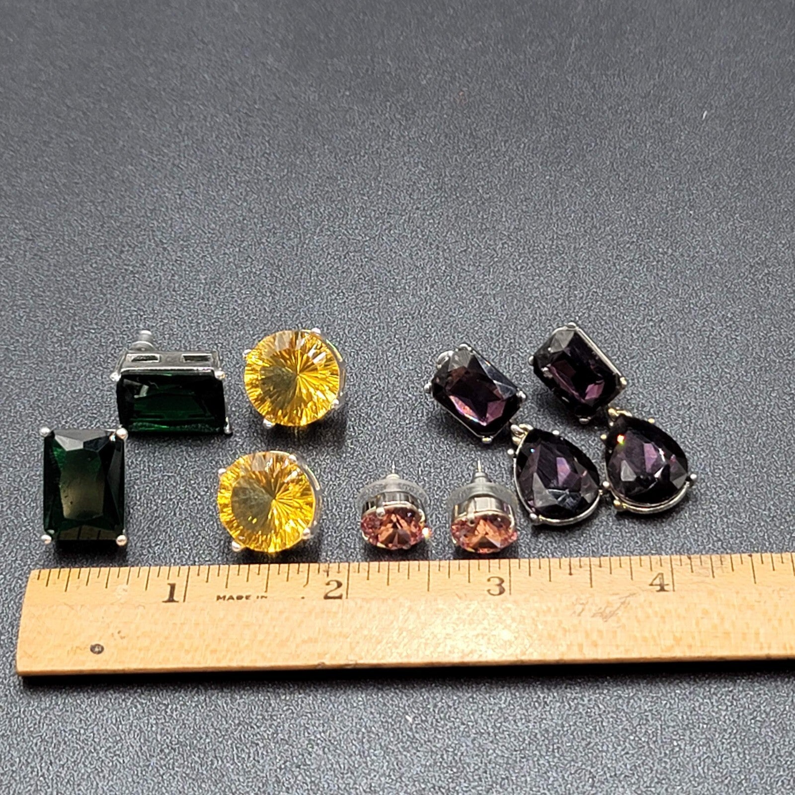 Lot of 4 Pierced Earrings Green Yellow Purple Pink Crystal Dangle Studs