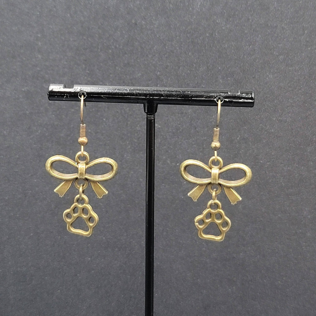 Pierced Bow Dog Paws Earrings Bronze tone Dangle 7/8"