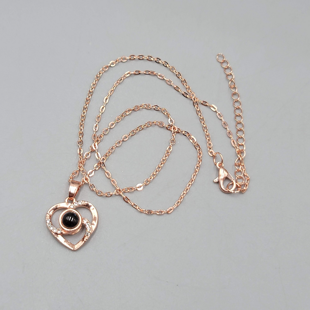 I LOVE YOU in 100 Languages Light Projection Heart Necklace Rose Gold tone 16"+