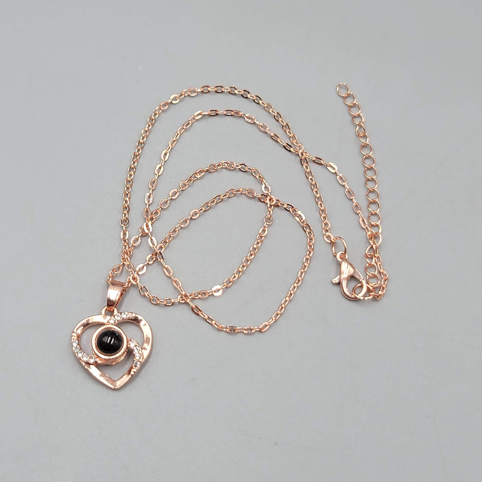 I LOVE YOU in 100 Languages Light Projection Heart Necklace Rose Gold tone 16"+