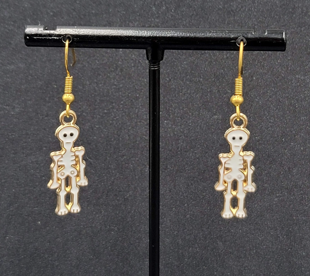Halloween Skeleton Pierced Earrings Gold tone White Enamel Dangle 1"
