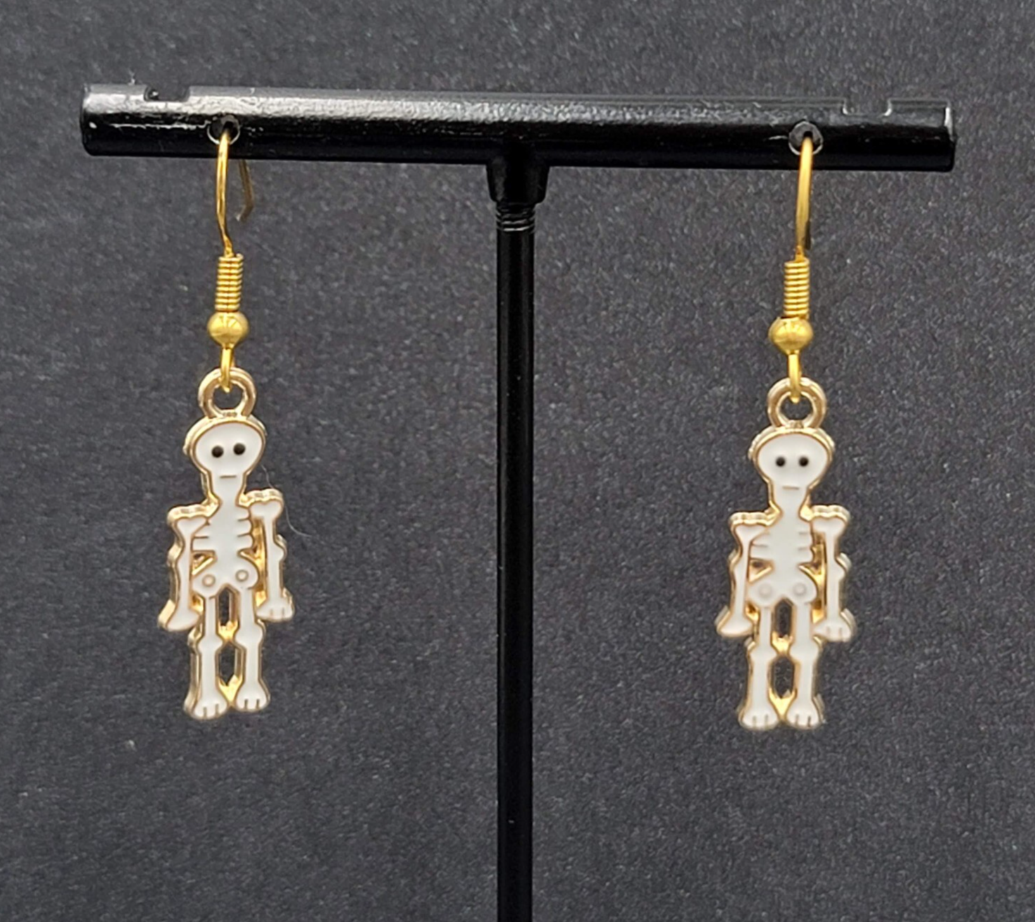 Halloween Skeleton Pierced Earrings Gold tone White Enamel Dangle 1"