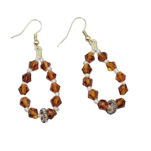 Brown Crystal Bead Pierced Earrings Gold tone Dangle 1.75"