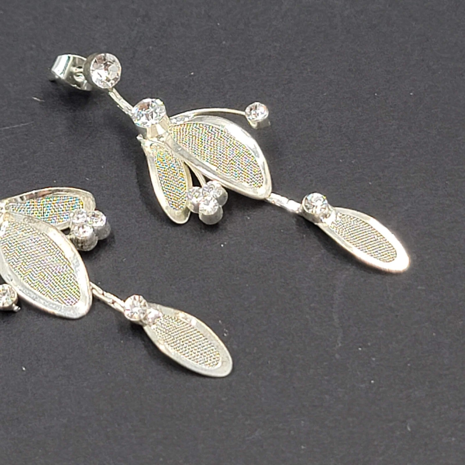 Mesh Rhinestone Pierced Earrings Silver tone Dangle  2 1/8"