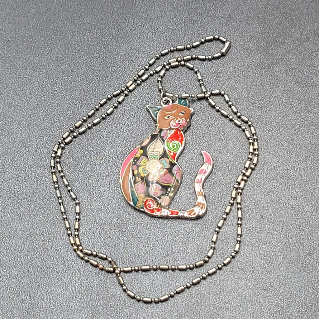 Marte and Joven Whimsical Enamel Cat Pendant Necklace Silver tone Ball Chain 26"