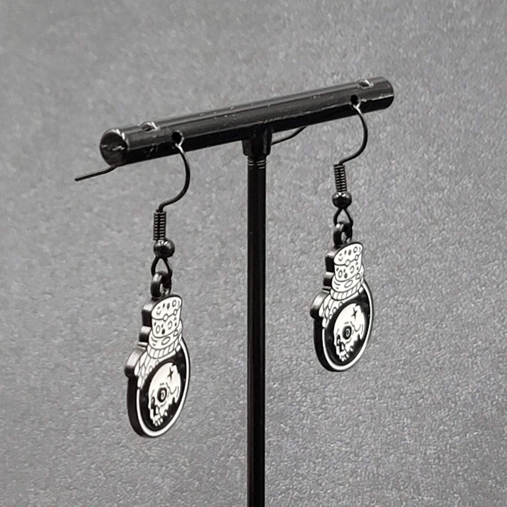 Poison Skull in Jar Pierced Earrings Black White Enamel Dangle Halloween 7/8" 