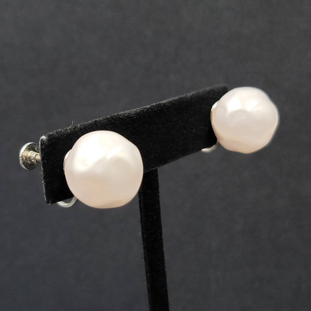 Vintage Clip on Earrings Silver tone Large White Molded Studs Screw Back 5/8"