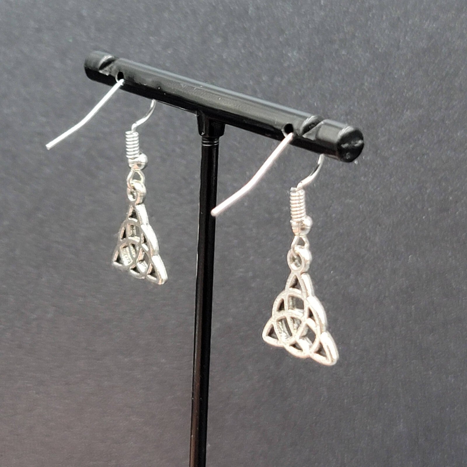 Pierced Earrings Triangle Celtic Knot Silver tone Dangle 5/8"