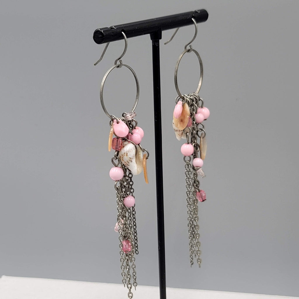 Pink Bead Seashell Pierced Earrings Silver tone Long Dangle Chains 3.25"