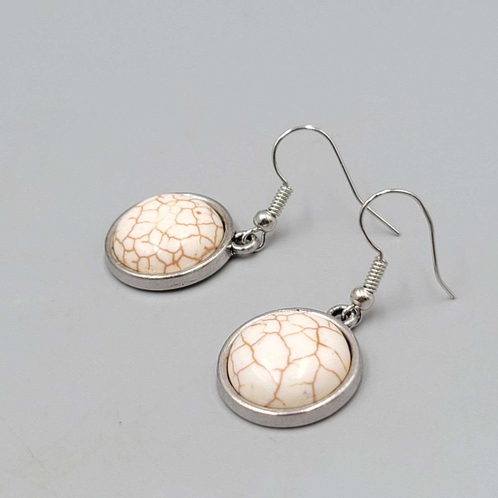 White Howlite Round Pierced Earrings Silver tone Dangle  7/8 in
